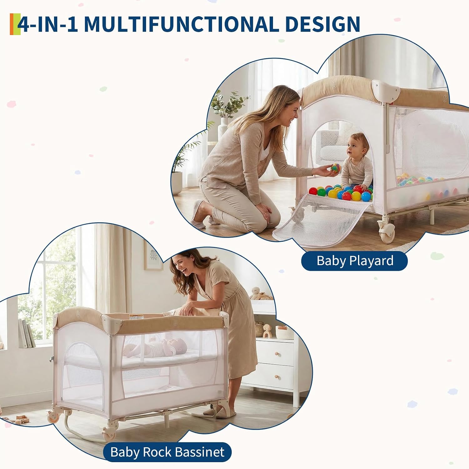 4 in 1 Pack and Play, Portable Travel Baby Bassinet with Rocking Bassinet & Diaper Changing Table, Infant Baby Playard with Mattress, Large Toddler Playpen,Storage Pocket，Carry Bag & Rotating Toy Bar