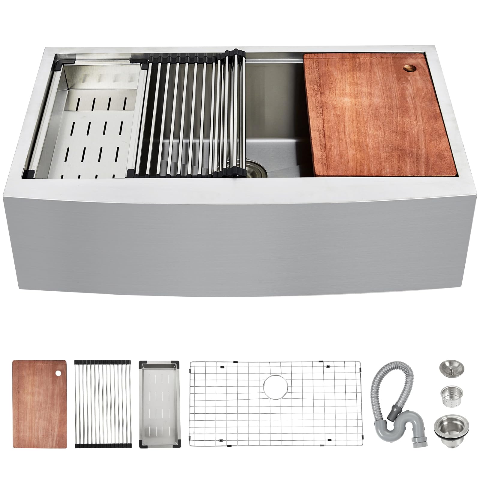 33" Farmhouse Apron Kitchen Sink, 304 Stainless Steel Single Bowl Top Mount with Accessories - Wood Cutting Board, Drain Rack &amp; Sink Protector for Kitchen Workstation