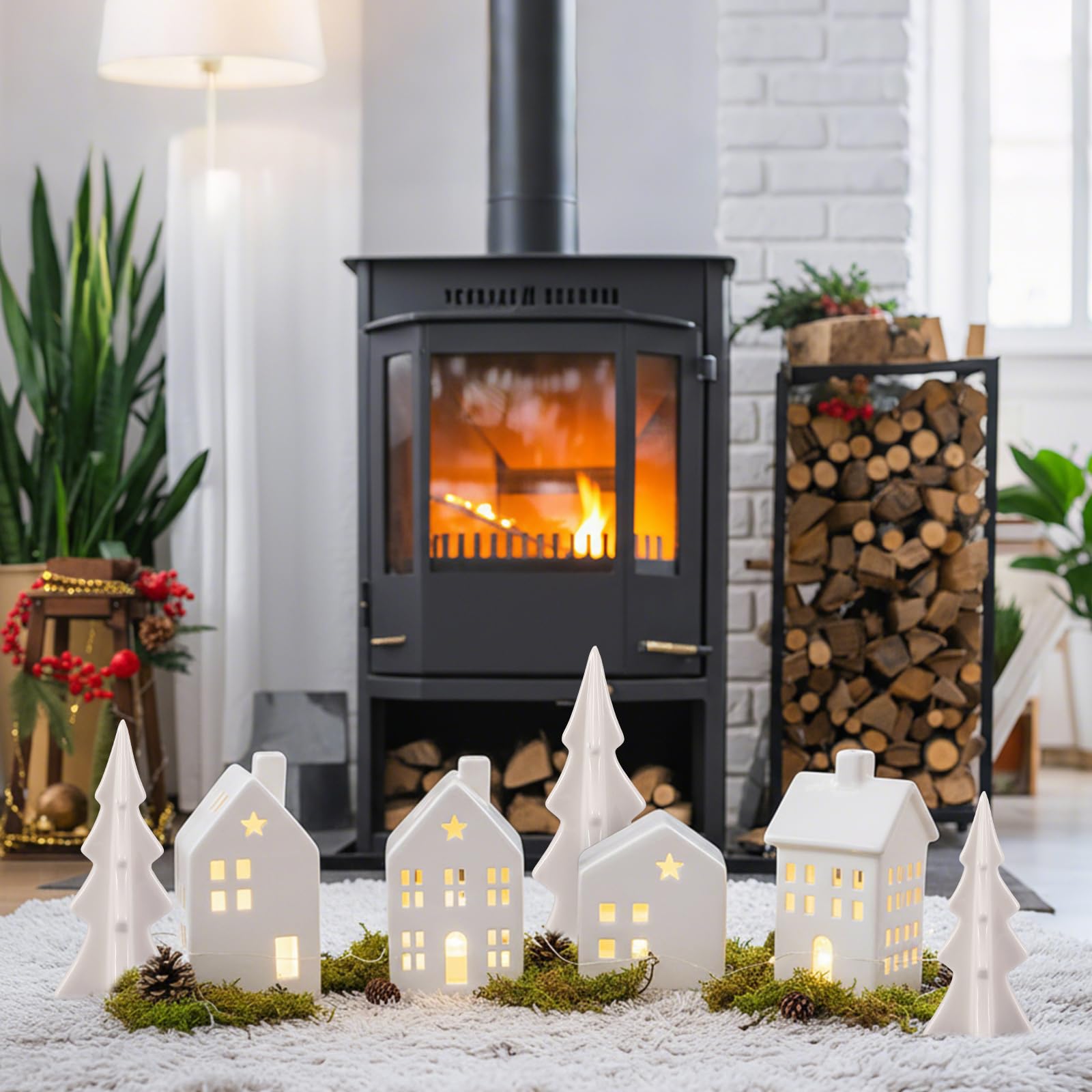 Newtay Juego de 7 piezas de cerámica de pueblo de Navidad, 4 luces LED, casas de pueblo de cerámica blanca con 3 árboles de Navidad, figuras de Navidad para casa de campo, rústico, interior, mantel