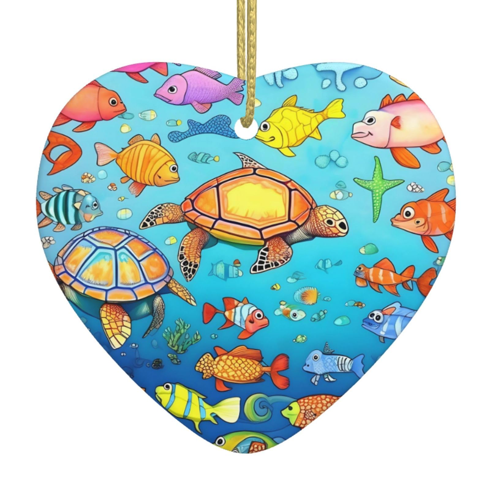 Turtle and Fish Ceramic Christmas Heart Pendant with Silk Thread, Christmas Tree Home Decoration