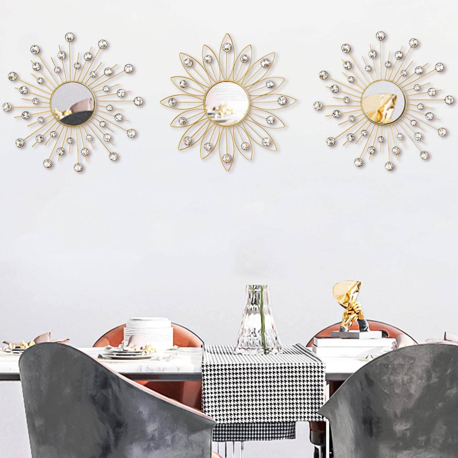 Uaussi 3 Pack Crystal Sunburst Wall Mirror Décor Rhinestone Mirrors Decorative Home Wall Art for Living Room Bedroom Entryway(Flower+Sunburst Gold)