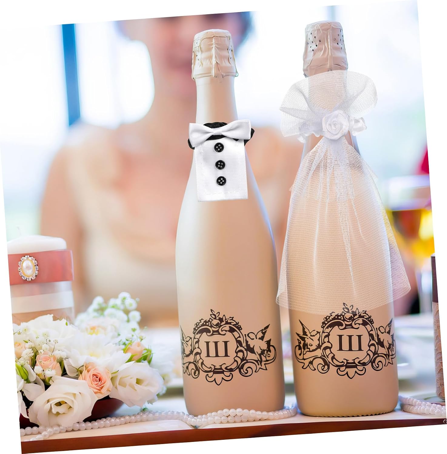 Cabilock Wine Dress Suit 4pcs Wine Bottle Cover Decorations Romantic Stylish for Valentine's Day