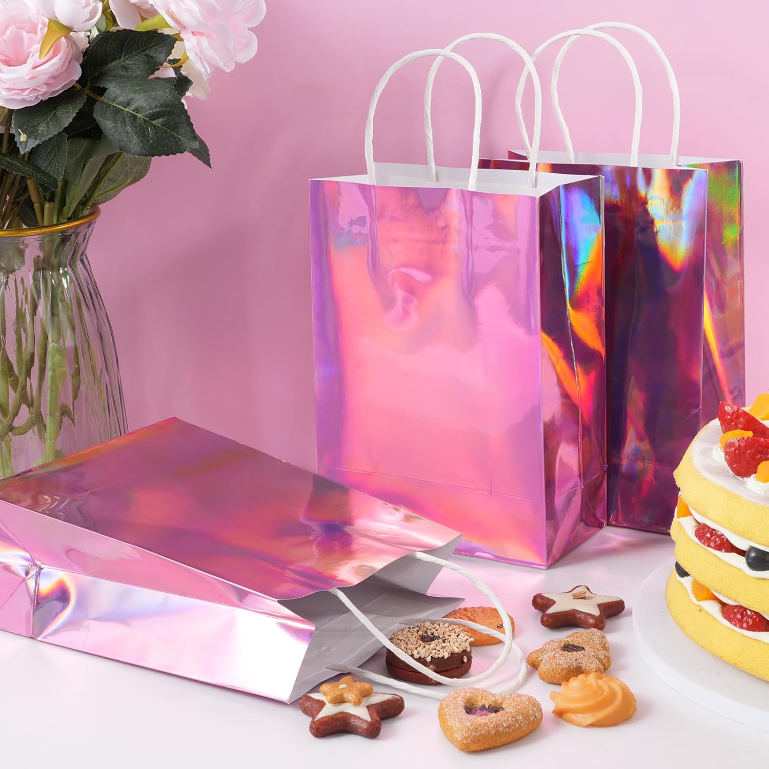24 Pcs Iridescent Pink Gift Bags Decorations, Holographic Foil Party Favor Bags with Handles, Pink Paper Candy Goodie Bag with 24 Tissue Paper for Graduation Birthday Baby Shower Party Supplies - Image 5