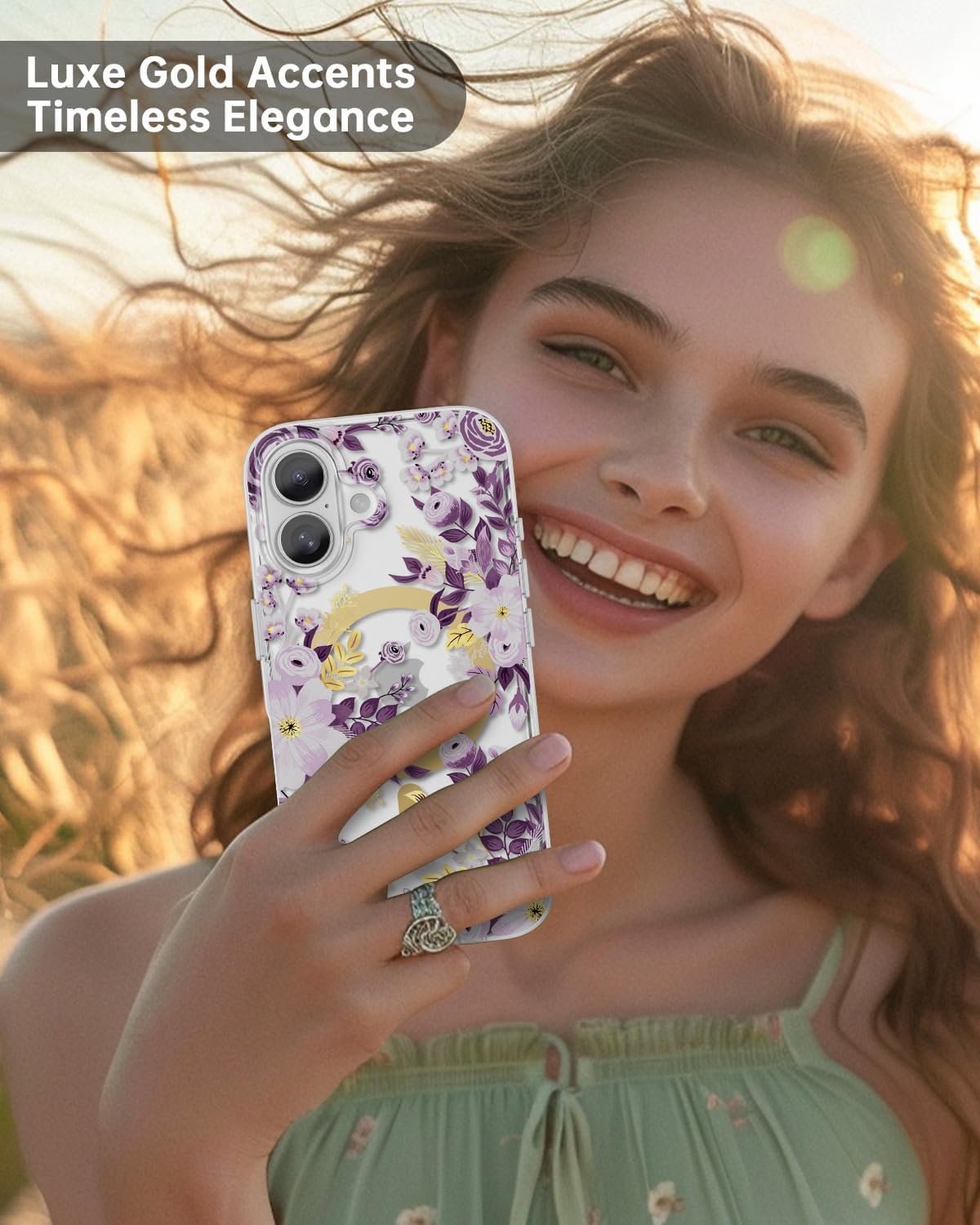 SCORPIFY for iPhone 16 Plus Case [Compatible with MagSafe] with Purple Nemophila Floral Design, Cute Clear Flower Magnetic Phone Cover for Women Girls, Slim Bumper with Gold Accents