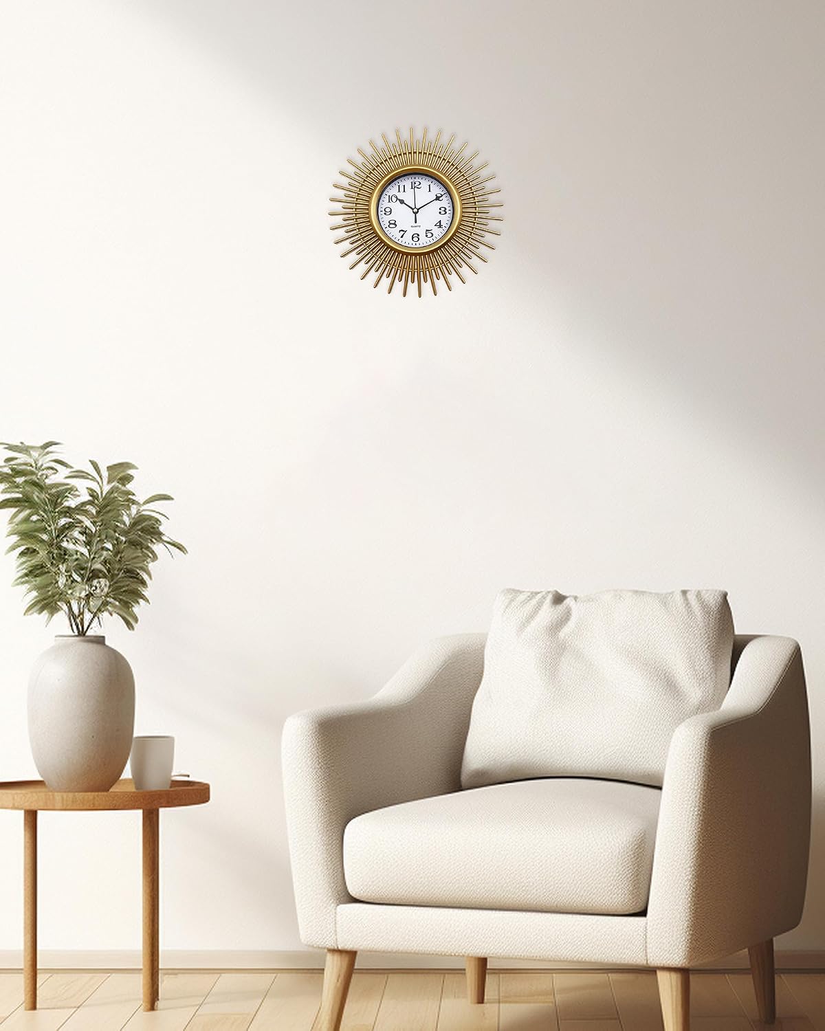 Gold Sunburst 10 Inch Small Wall Clock Battery Operated, Modern Boho Decorative Wall Clock for Living Room, Bedroom, Kitchen, Office, Bathroom