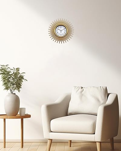 Miniatura 2 de Reloj de pared dorado Sunburst, reloj de pared pequeño de 10 pulgadas, funciona con pilas, moderno y bohemio decorativo para sala de estar,
