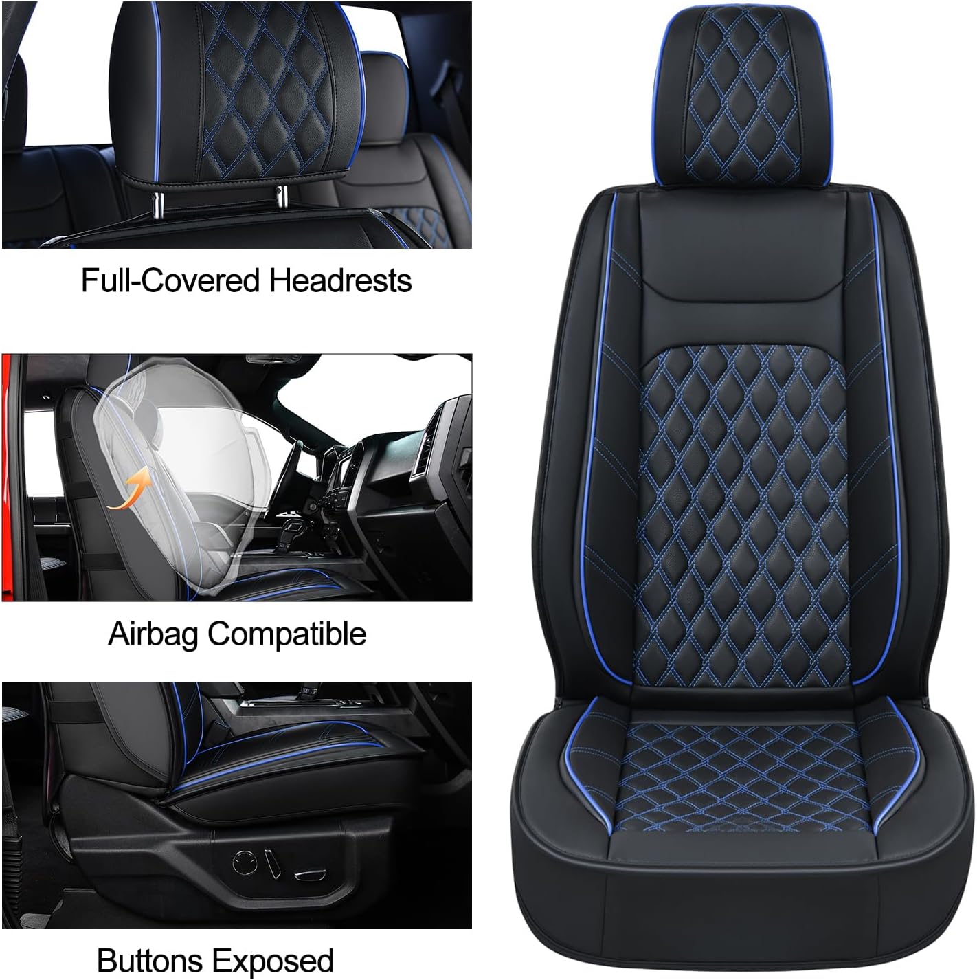 Silverado Sierra Seat Covers, for Truck Chevy Silverado GMC Sierra 1500 2019-2026, 2500HD 3500HD 2020-2026 Crew Cab Seat Cushion Protector(Full Set, Black&Blue)