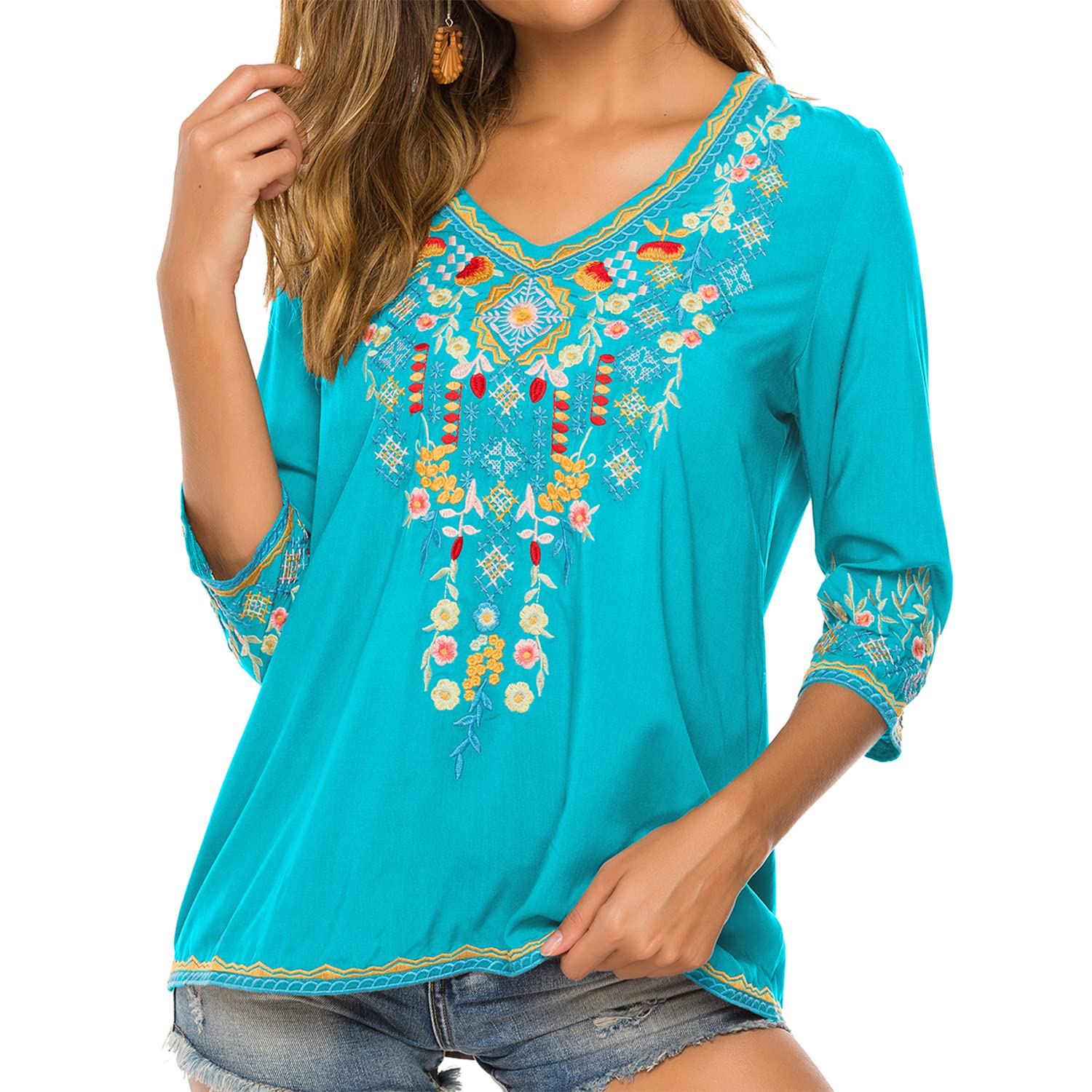 Hippie Kleidung Damen Bohemian Folklore Stickerei Bluse 3/4 äRmel V Ausschnitt Tunika Sommer LäSsige Oberteil