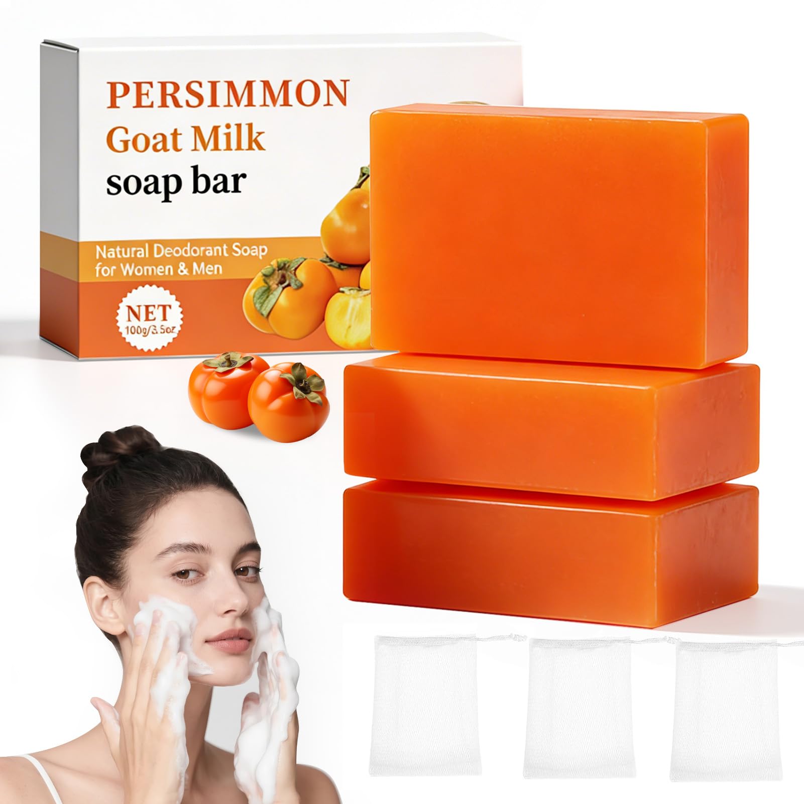 Lot de 3 Savon au Kaki, Savon Naturel au Kaki, pour le Nettoyage et le Soin de la Peau du Visage et du Corps,Filtre à Bulles Offert