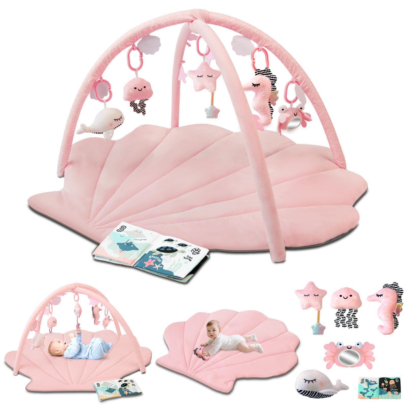 Baby Play Gym Mat Oversize Baby Tummy Time Play Mat with 6 Detachable Toys for Sensory Exploration Motor