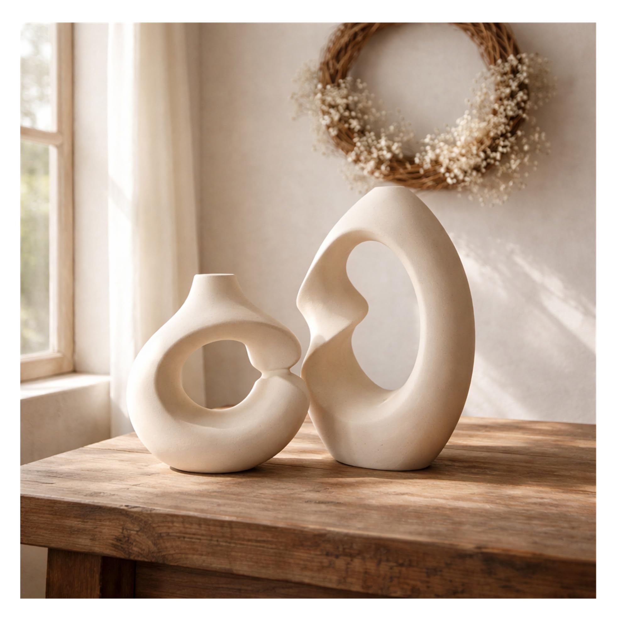 SPHINX Ceramic Vase – Asymmetric Donut Vase Set Hollow Design (8.5 and 6 Inch) | Modern Decorative Flower Pot for Pampas Grass, Dried Flowers, Home, Living Room & Office Decor