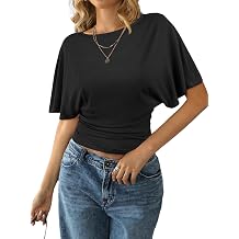 Remidoo Womens Cinched Waisted Tops Batwing Short Sleeve Tee Ruched T Shirt