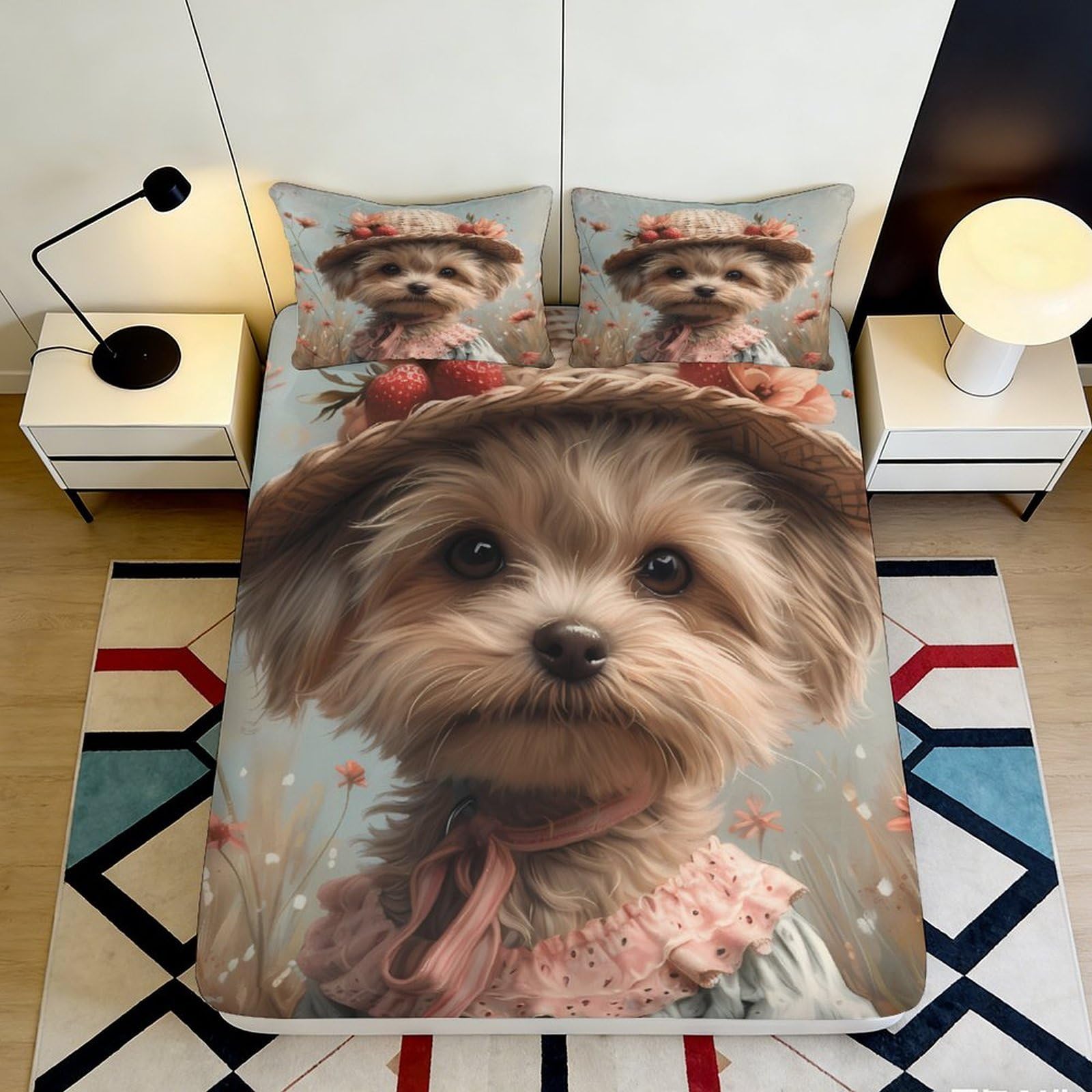 3D Printed Puppy Microfiber Deep Pocket Fitted Sheet Bedroom Bedding Non-Slip Full Wrap Dog Mattress Fitted Cover Washable for Adults Teens 200x200x25cm 90x200x25cm