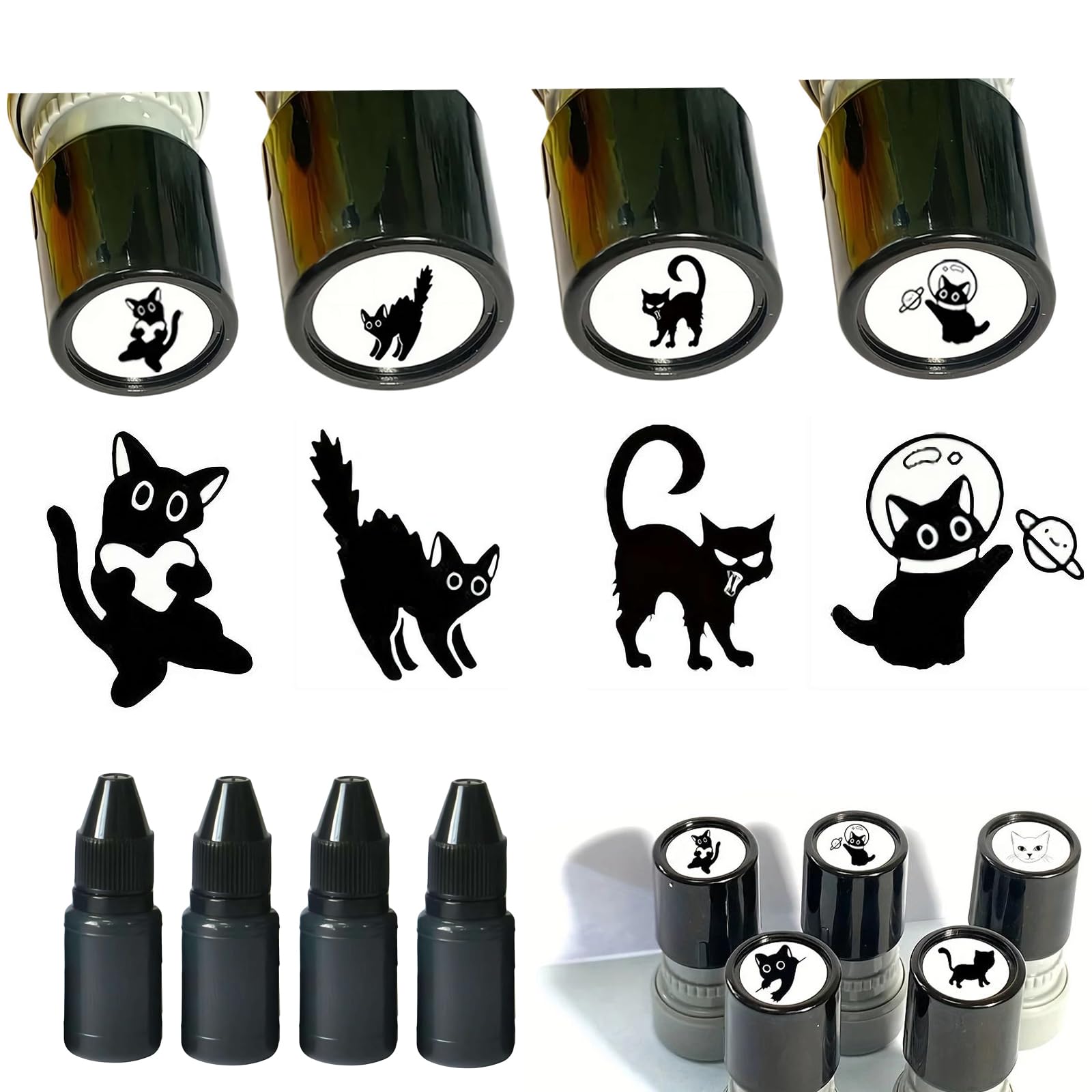 Cat Pattern Stamp, 4 Pack Self Inking Cat Stamps for Kids & Teachers, Reusable Mini Kitten Stamp Set for DIY Journaling, Scrapbooking, Card Making and School Rewards, Black Ink