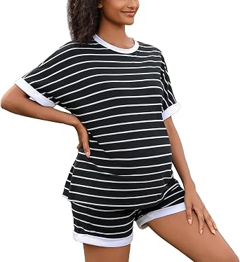 Maternity Lounge Set 2 Piece Maternity Outfit Striped Short Sleeve Shirts and Shorts Pregnancy Summer Clothes