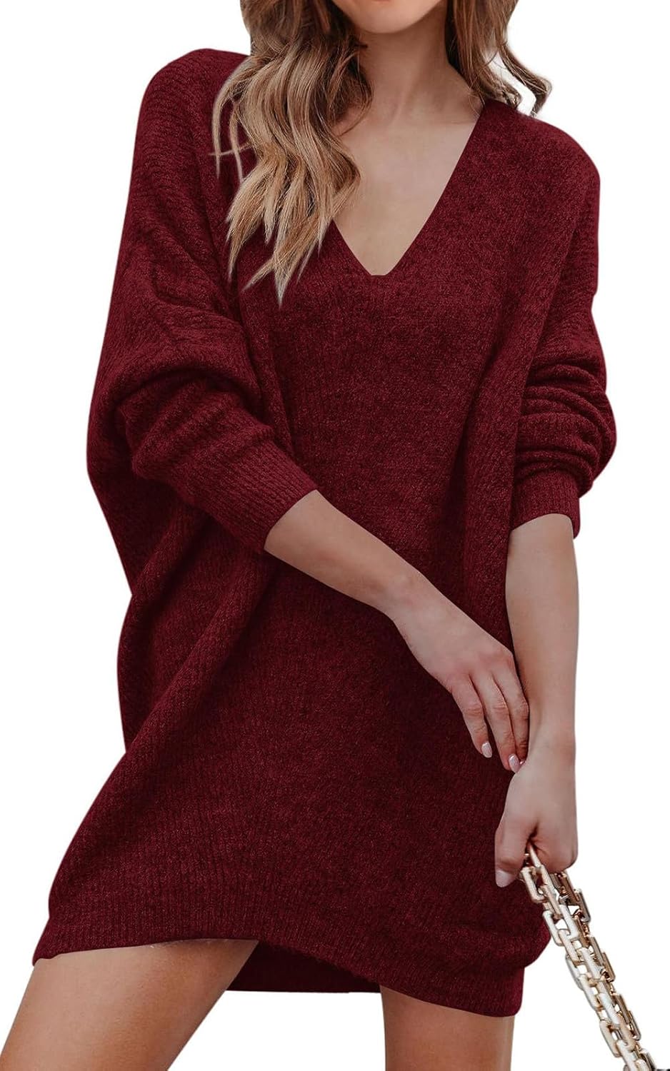 PRETTYGARDEN Womens Pullover Sweater Dress Casual Long Sleeve Ribbed Knit V Neck Loose Oversized Sweaters Dresses
