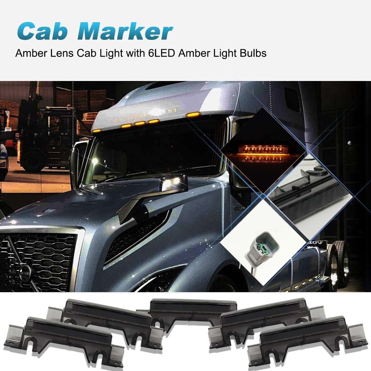 ADIIL 5PCS White 6LED Cab Roof Top Clearance Light Assembly Smoked Lens Marker Running Lamps For Volvo 2004 VN/2003-2020 VNL Trucks (Smoked Lens Amber Lights)