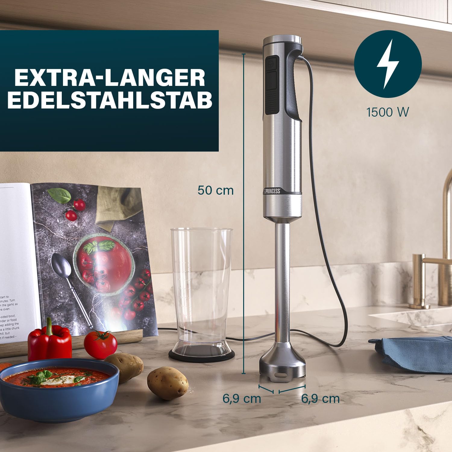 Princess Edelstahl-Stabmixer Prof XXL, 1500W, 50 cm Extra-Langer Stab, 5 Geschwindigkeiten, Turbofunktion, 4-Klingen-System, Messbecher mit Deckel, Spülmaschinenfest, 221233