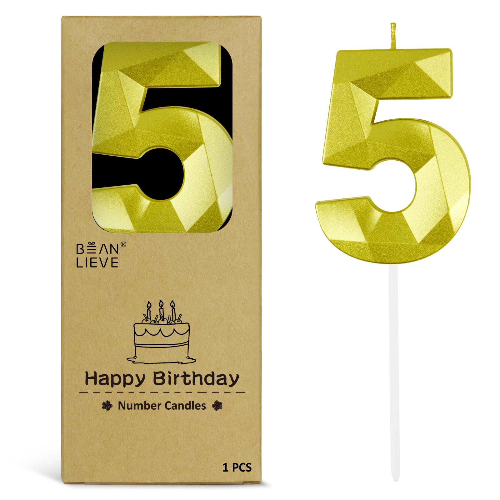 BEAN LIEVE 2.76 Inch Gold Number Candles 5 - Diamond Birthday Cake Candles with Metallic Finish for Party, Anniversary, Graduation Decorations.