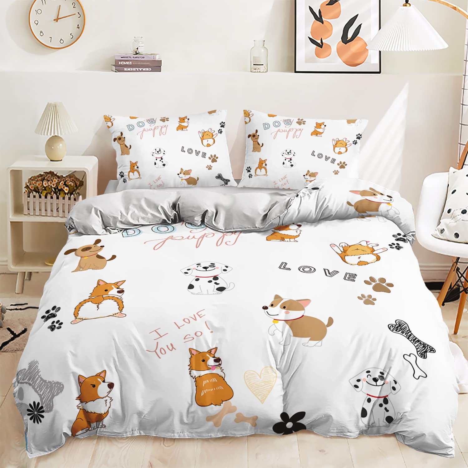 Lunoroey Double Size Duvet Cover Set Pet Dog Puppy Corgi Print Bedding Set Kids Boys Girls Room Decor Soft Quilt Cover Set All Season Comforter Cover Set