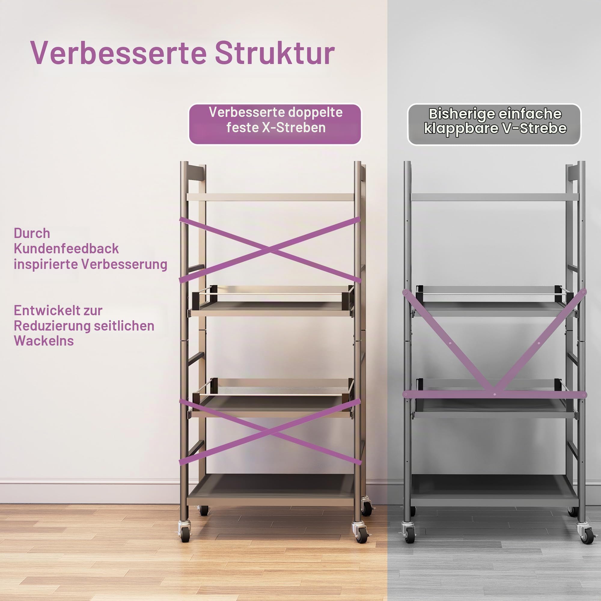 4-Etagen Küchenregal stehend, 2 ausziehbare Ablagen, Mikrowellenregal | 2 Schubladen mit verstellbaren Positionen, Für Airfryer und Küchengeräte, 4 Rollen, Freistehend, Platzsparend,60cmx125cm
