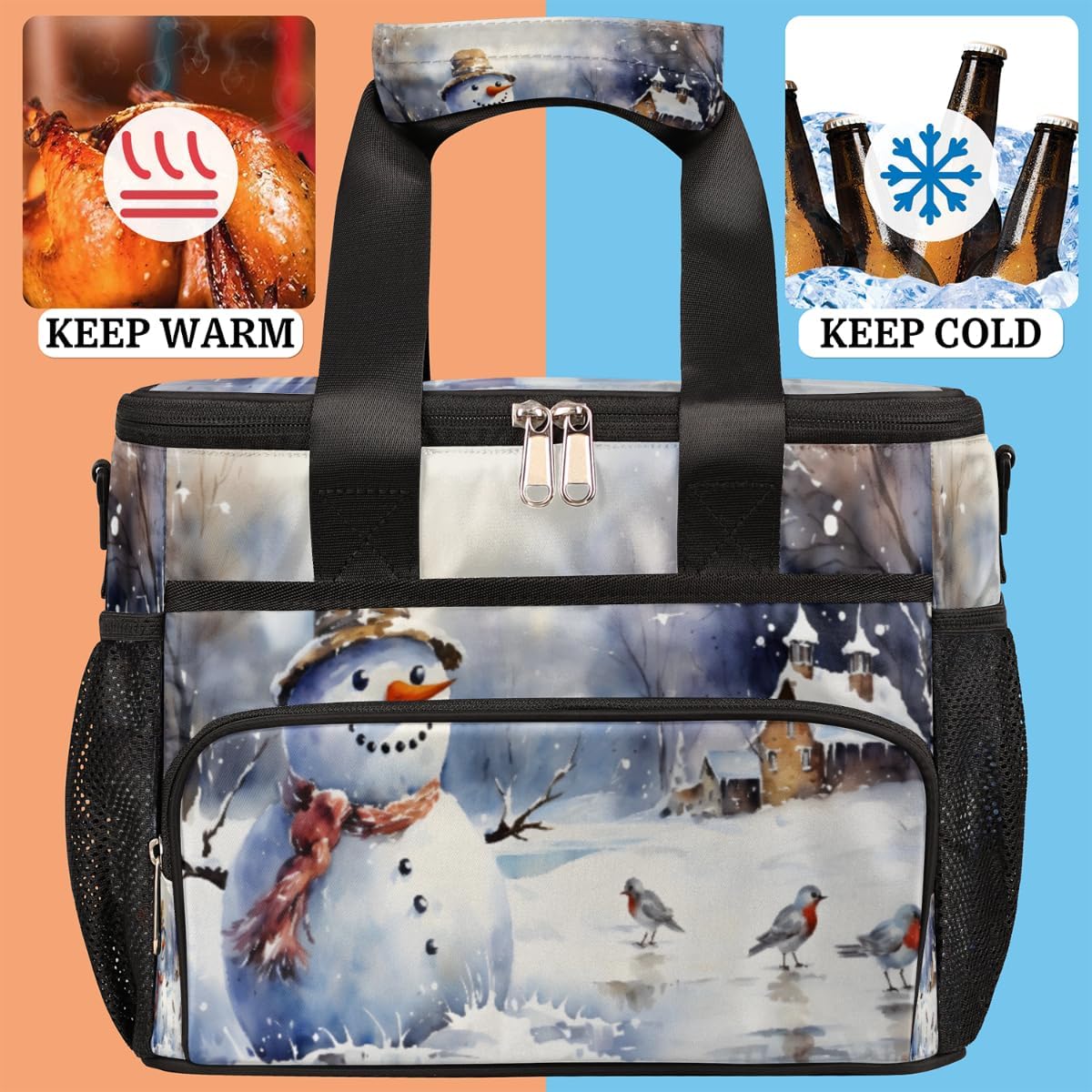 Insulated Picnic Backpack Lunch Box for Women Men Picnic Basket Tote Lunch Bag Picnic Bag Portable Lunch Bags for Picnic, Beach, Work, Trip,Office, Camp Xmas Christmas Snowman