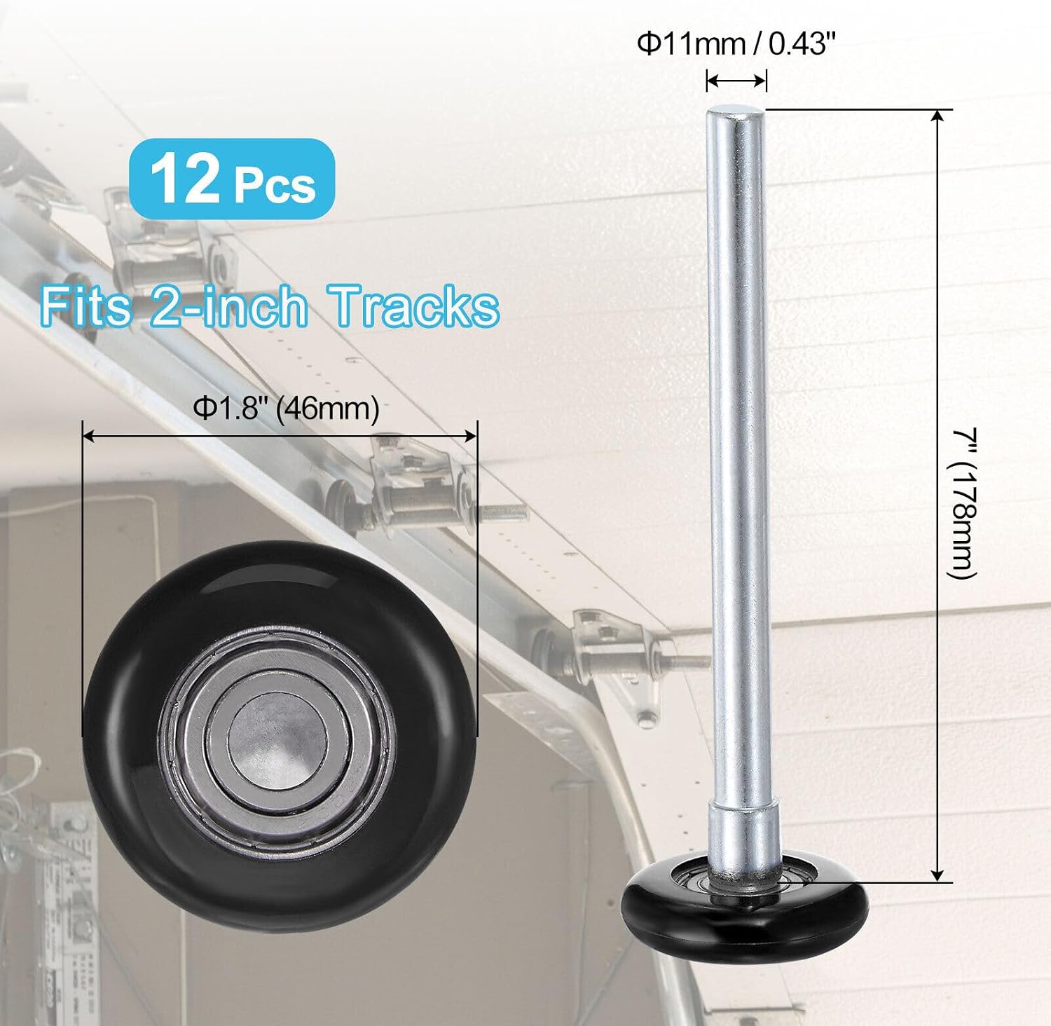 Toolparts And Accessories 12pcs 1.8" Nylon Garage Door Rollers For 2" Garage Track 7" Long Stem Black (#CN#130824-04684)