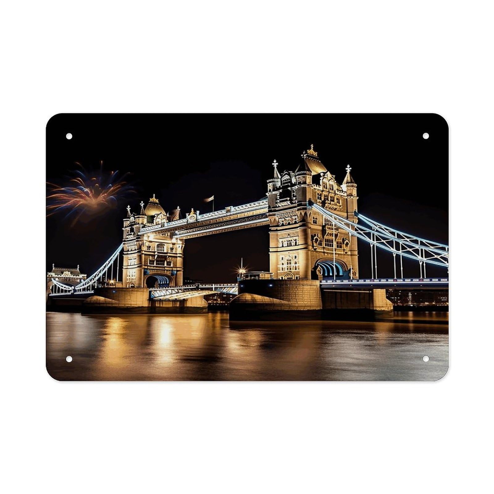 Night London Tower Bridge Metal Tin Sign 12"x8" Wall Art Prints Poster Decorative Picture Metal Signboard Decor Painting Folded Edge Iron Sheet Painting with Holes for Wall Decor