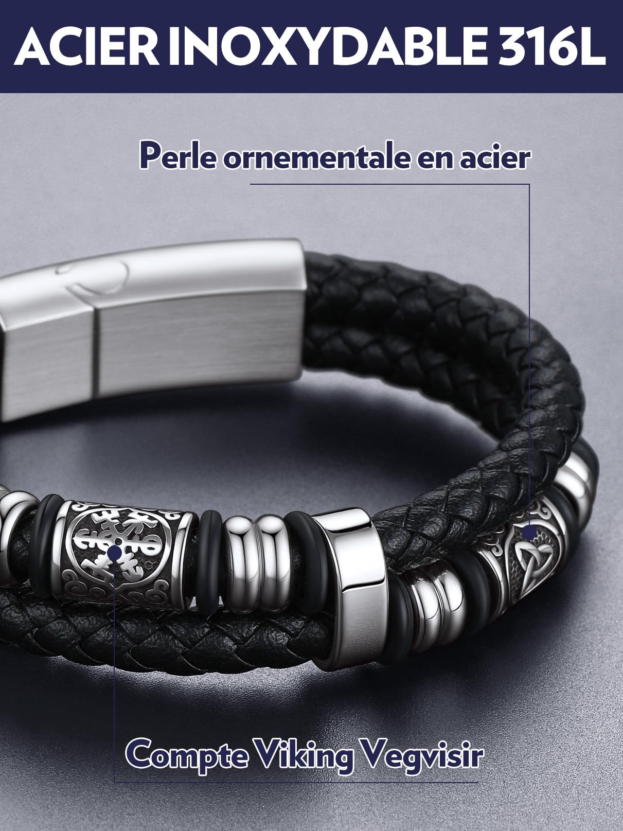 Bandmax Longueur de 19/21/23/25 cm, Bracelet Cuir Homme avec Fermoir Magnétique - Bracelet PU Tressé avec Manchette Double Couche - Pour Papa Fils Petit-ami - Cadeaux Fête des Pères