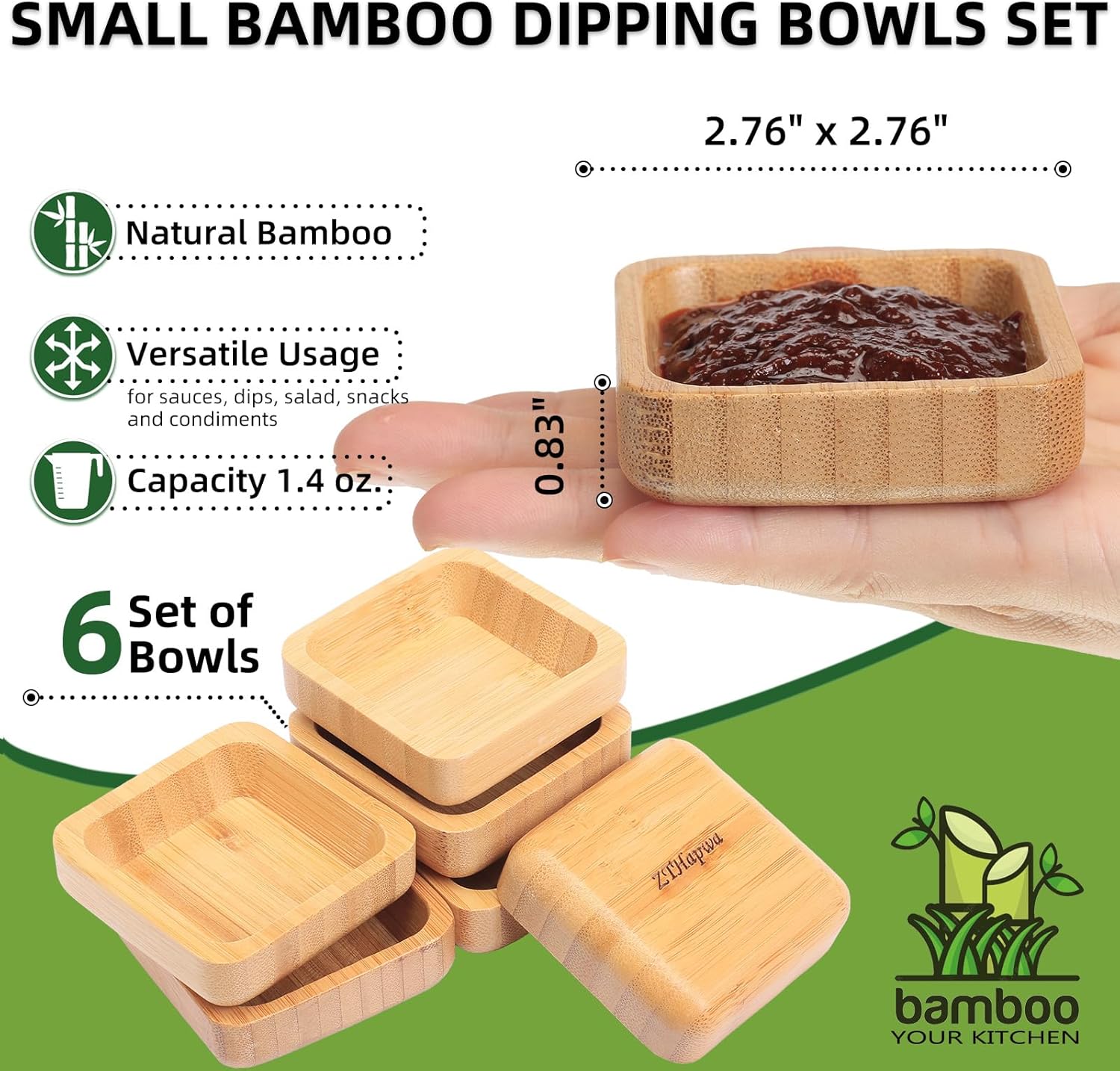 Snack Bowl Set, Small Bamboo Sauce Dish Dipping Bowls for Appetizers, Dips, Sauce, Nuts, Candy, Olives, Seeds, Desserts and More, Square 1.4 oz thumbnail