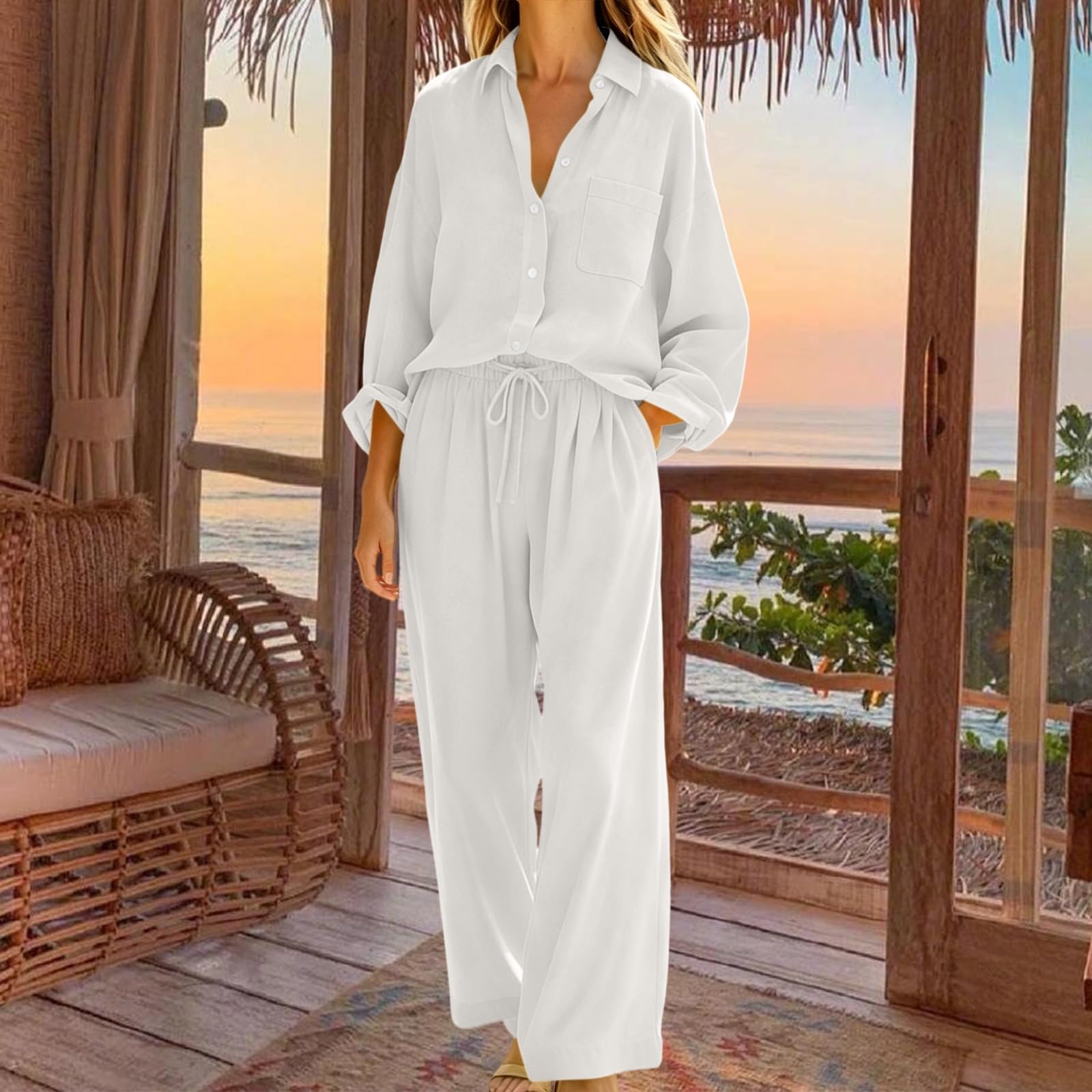 Completo estivo da donna, in lino, 2 pezzi, pantaloni lunghi estivi | Camicia in lino traspirante e pantaloni in lino, abbigliamento casual, tinta unita, set con camicetta in lino, leggera