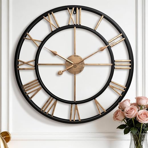 Pytha Sight 24 Inch Large Oversized Farmhouse Modern Decorative Wall Clock for Living Room,Industrial Big Vintage Gold Roman Numerals Metal Round Wall Clocks for Kitchen,Dining Room,Office