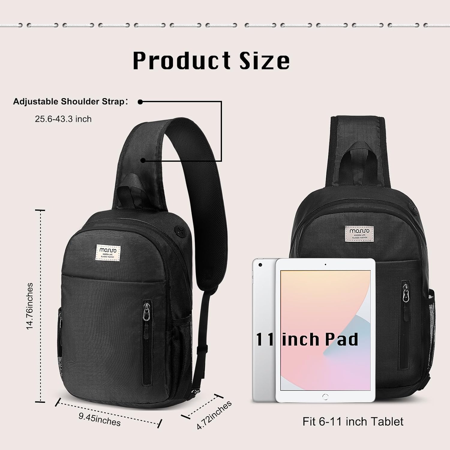 MOSISO Crossbody Sling Bag Sling Backpack for Men, 3 Layer Over Shoulder Bag Cross Body Chest Daypack Purse with Front Vertical Pocket for Travel Hiking Casual Commuting, Black - Image 2
