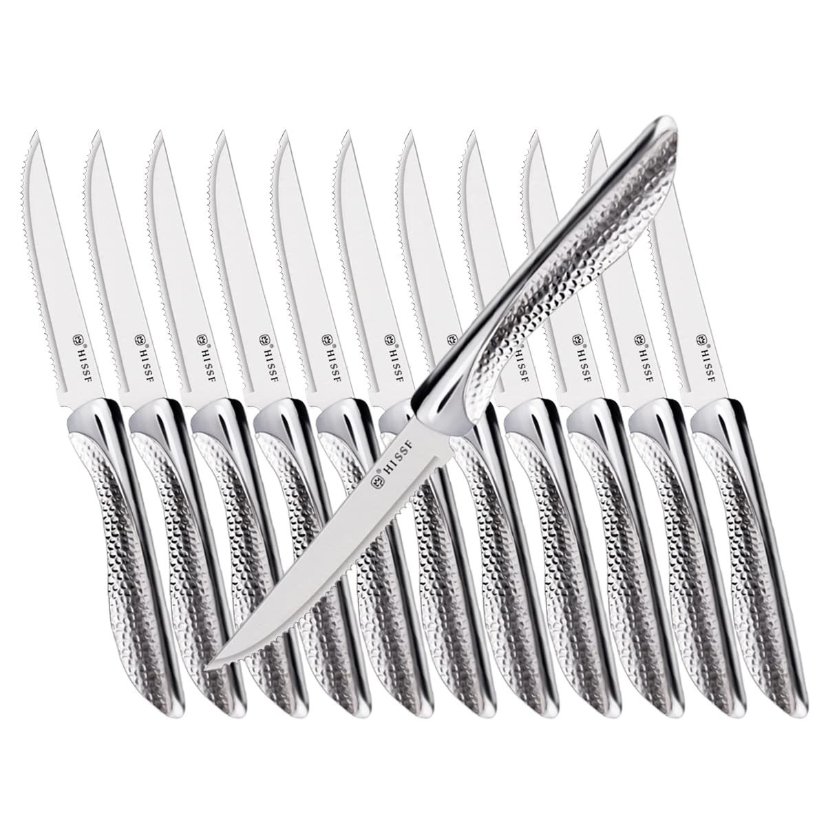 HISSF Serrated Steak Knives Set of 12, Stainless Steel Sharp Blade Flatware Steak Knife Set, Hammered Pattern Hollowed Handle,4.5 In,For Kitchen Restaurant Tableware ,Dishwasher Safe