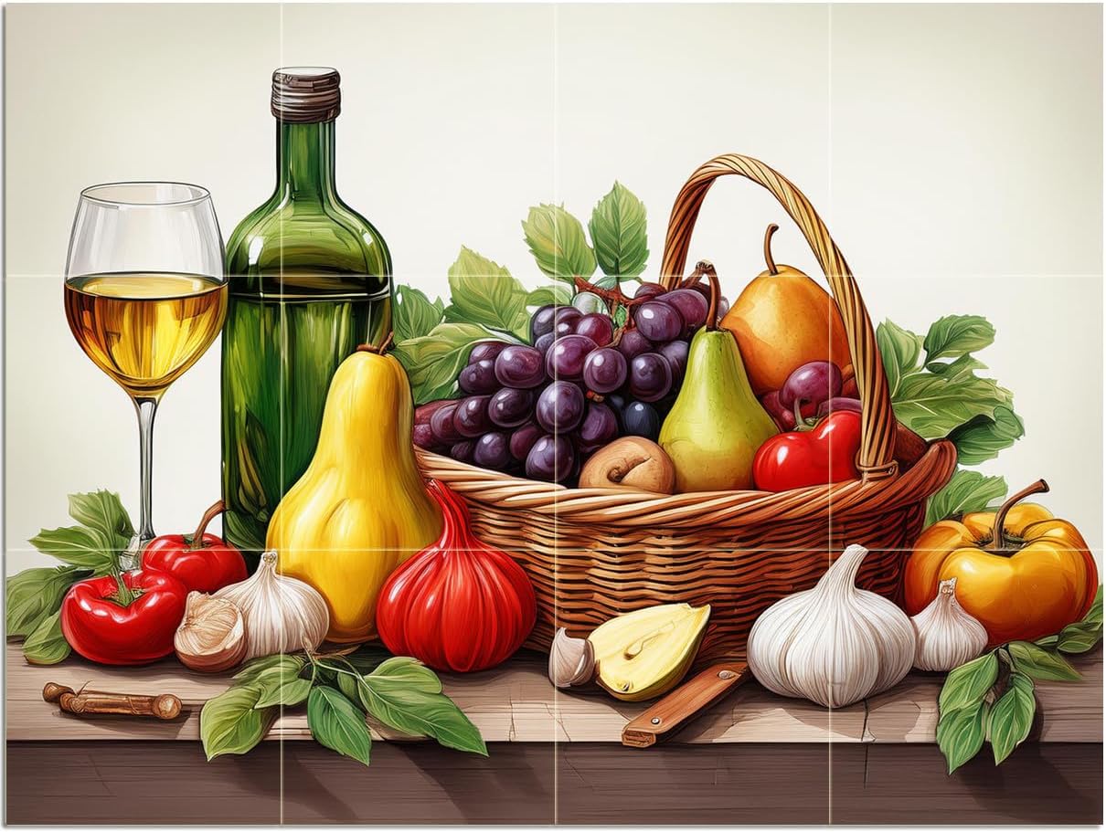 Tile Mural Fruit Basket Wine Still Life Kitchen Wall Backsplash Marble Ceramic - Picture 6 of 16