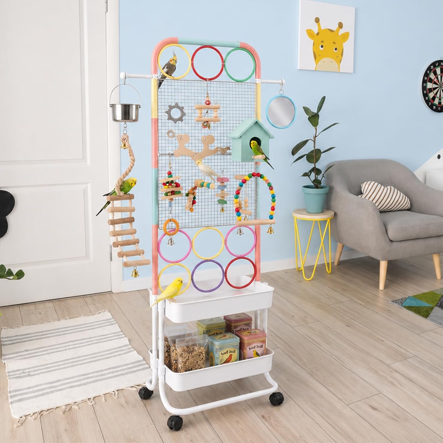 Large Bird Playground, Parrot Playstand with Toys DIY Zone, Wheels, Toilet, Storage Space, Bird Stands for Inside Play Gym Stand for Parakeet Conure Cockatiel Lovebird Budgie Lovebird