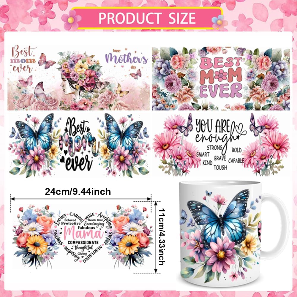 Mother’s Day UV DTF Cup Wrap Transfer, 5 Sheets Best Mom Ever Uvdtf Cups Wrap Stickers for 16oz Glass Colorful Flower Butterfly Super Mama Rub on Transfer Decals for Glass Cups Wood Crafts Party Gifts image 2