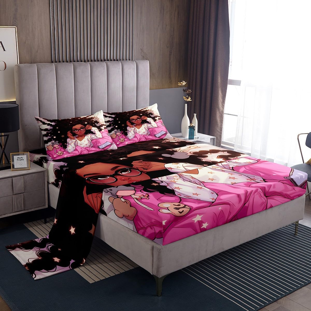 Manfei Black Princess Girlish Kids Sheet Queen Size,Shiny Stars Dreamy Bedding Set,Girls Women Room Decor,African Amercian Theme Girls Pink Romantic Bed Sheet Set 4pcs(Fitted + Flat + 2 Pillowcases)