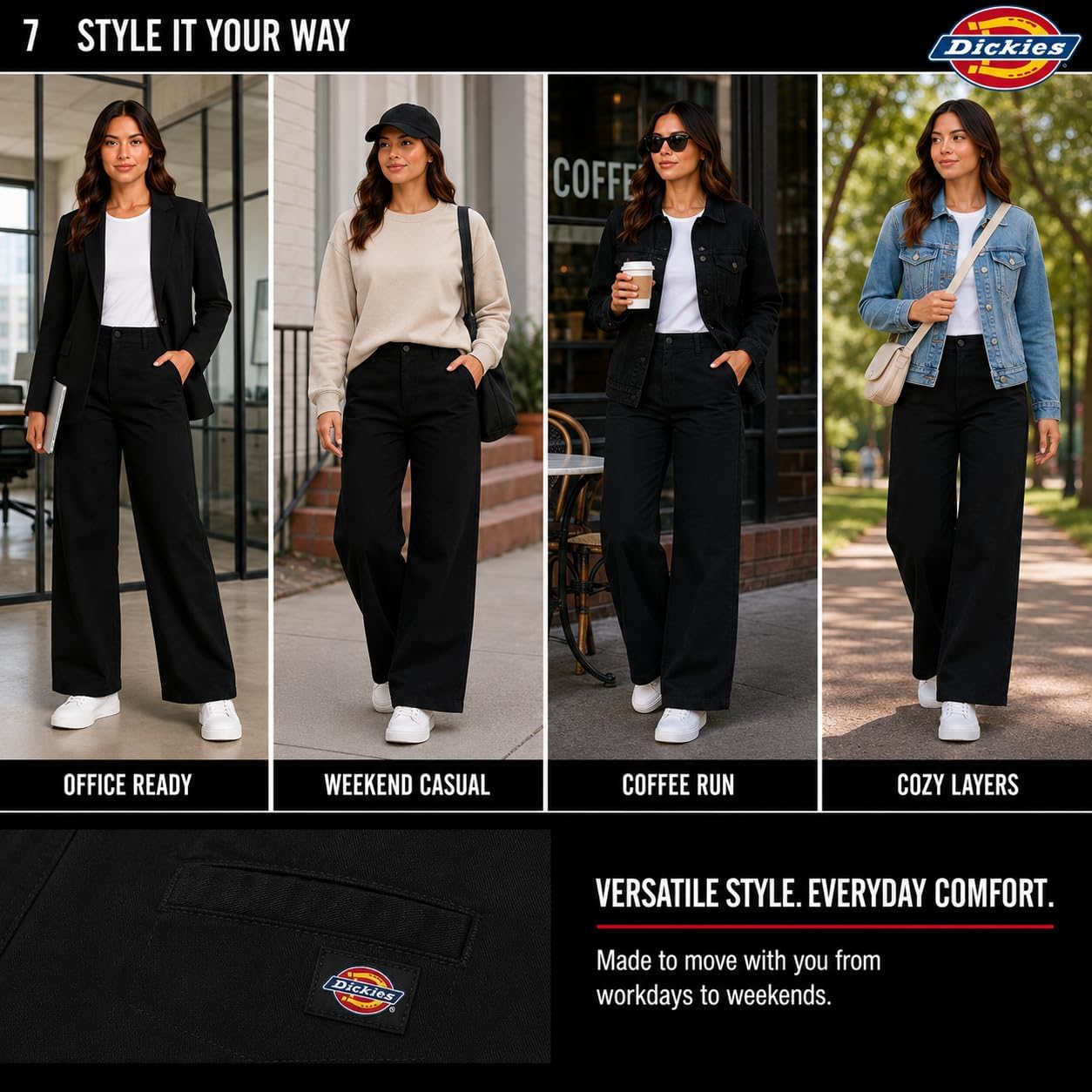 Dickies Womens Work Pants High Rise Relaxed Fit Wide Leg Pants for Women