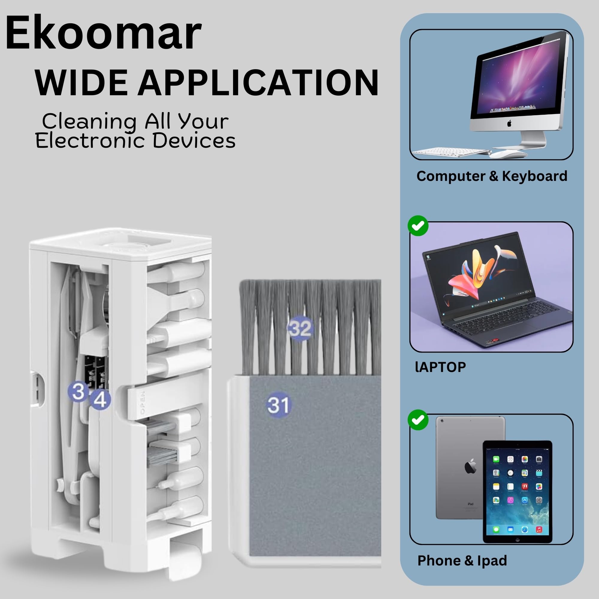 Ekoomar 32-in-1 Electronics Cleaning Kit - Keyboard, Phone, Computer & Laptop Cleaner Kit - Earbud & Charger Port Clearing Tool - Tech Gadgets for Men - USB C Port Cleaner & Pc Tool Kit - White