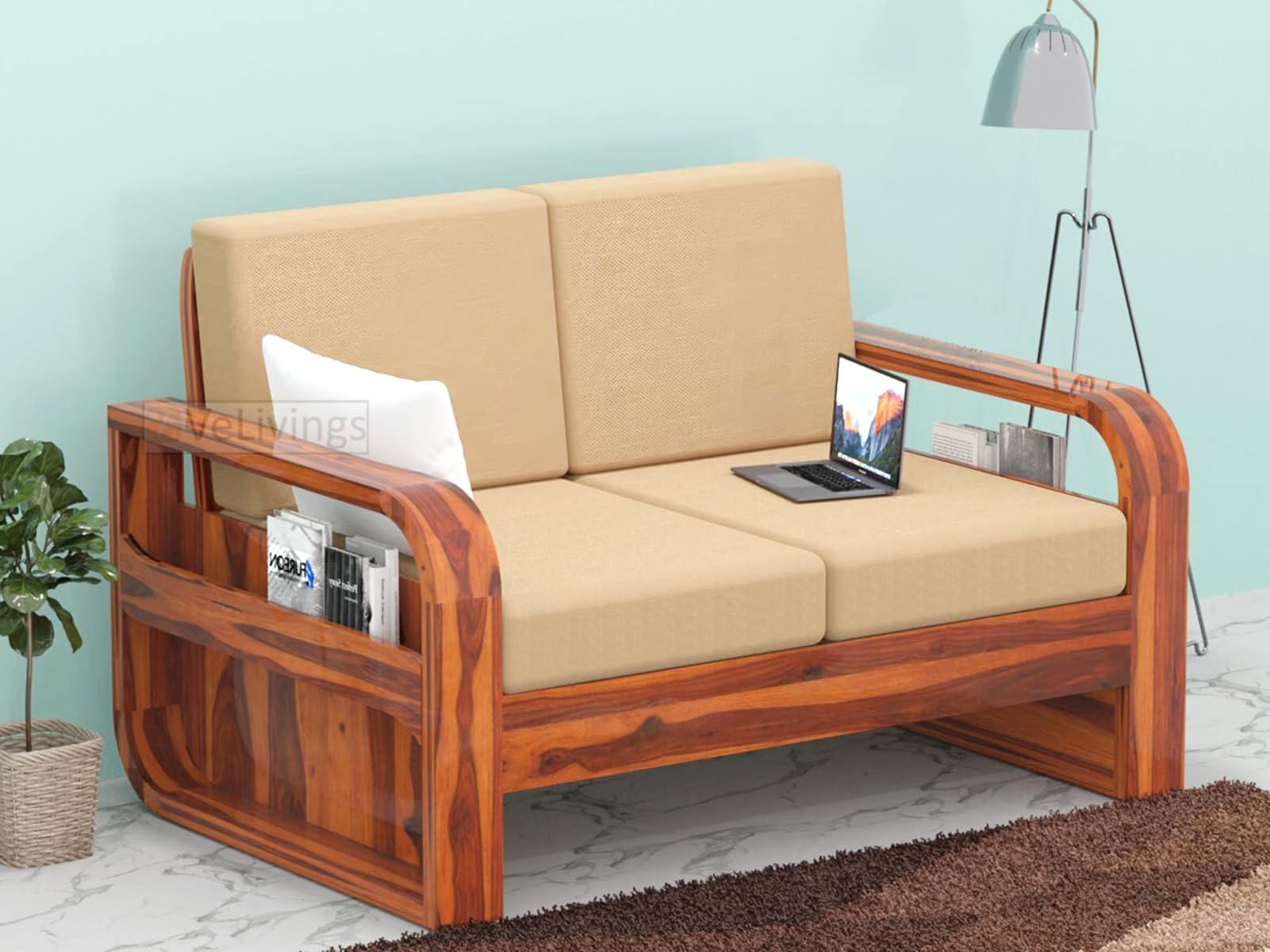 Solid Sheesham Wood 2 Seater Sofa for Living Room Home and Office | Wooden Sofa Set Two Seater with Side Storage (Beige Color Fabric Cushion, Honey Brown Finish)-image-30