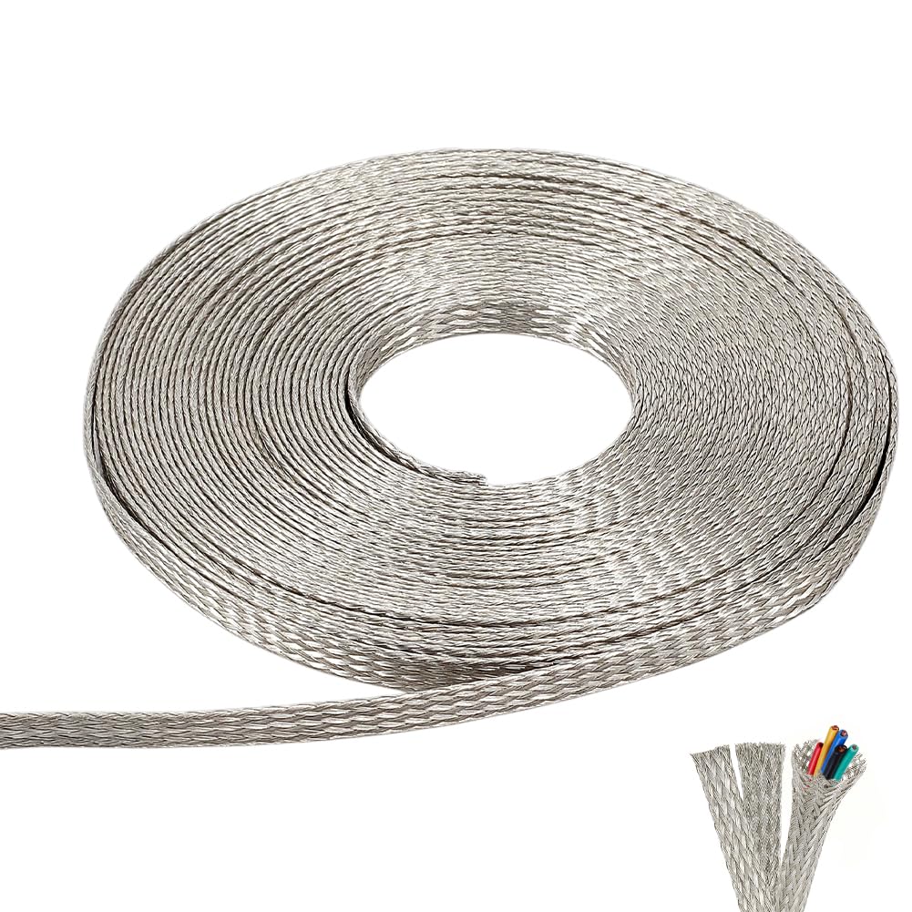 NBEADS 10m Tinned Copper Braided Cable Sleeves, 6mm Wide Platinum Color Flat Mesh Shielding Sleeve Wire Cover Protector for Interference Protect Wire