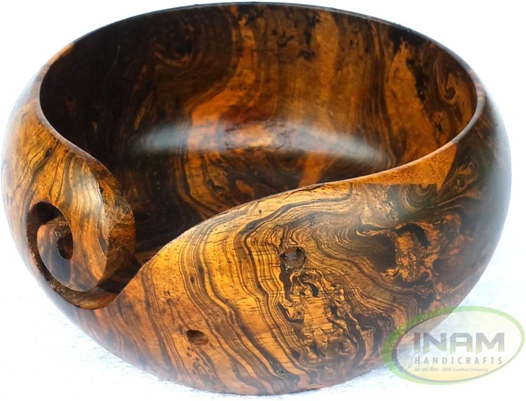 INAM HANDICRAFTS Designer Wooden Crafted Yarn Storage Bowl With Elegant antique decorative look, Knitting Crochet Accessories, 6 x 6 x 3 inches