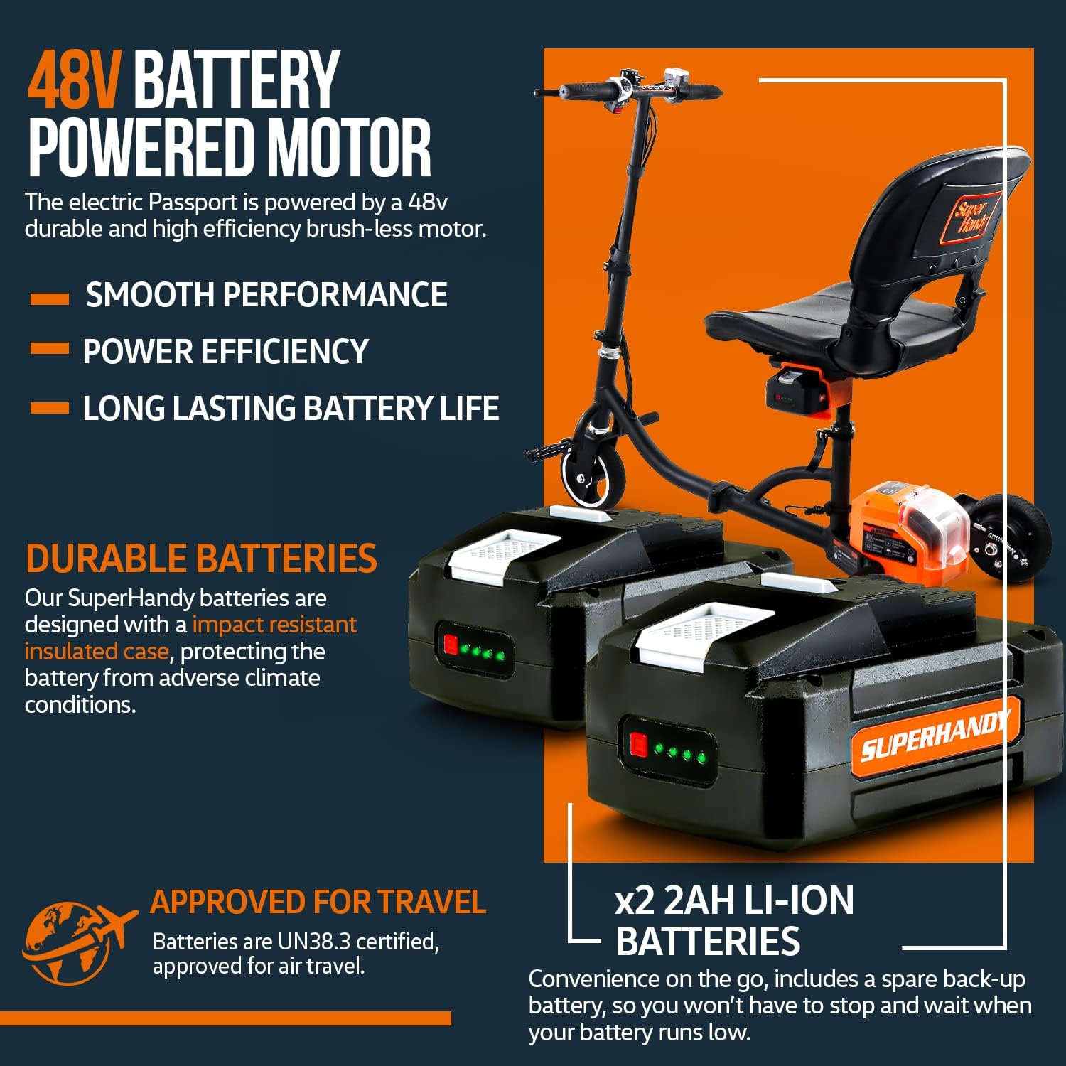 SuperHandy 3 Wheel Folding Mobility Scooter Electric Powered Portable Ultra Lightweight Compact Collapsible Design Long Range Travel with Detachable 48V Battery at a Max Load of 275lbs, Bag Included : Health & Household