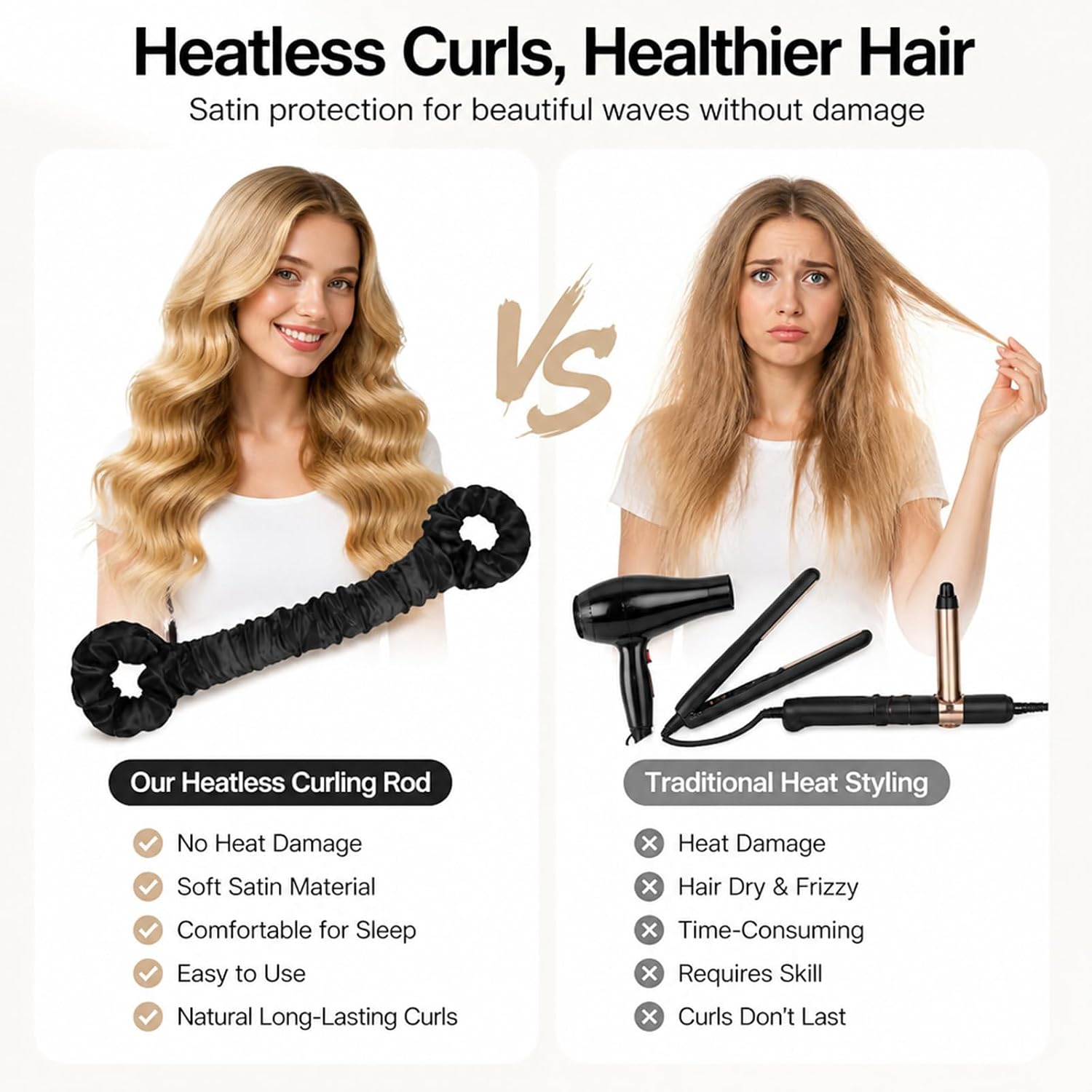 Heatless Hair Curler Set, Overnight Heatless Curls Rods with 50Pcs Alloy Hair Pins & 50Pcs Elastic Hair Ties, No Heat Flexi Rods Hair Rollers for Women Long Hair Blowout Look
