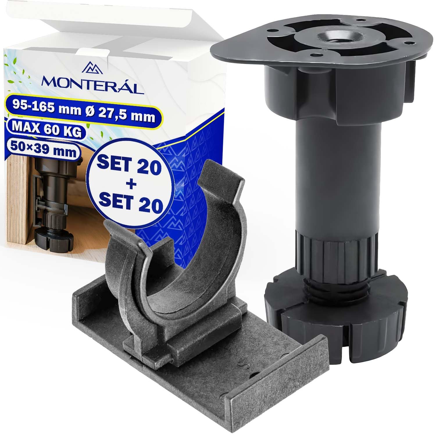 MONTERAL Set di 20 Pezzi Piedini per Mobili Regolabili 95-165 mm Ø 27,5 mm Capacità di Carico 60 kg e 20 Pezzi Ganci per Zoccolo Cucina Universale - Garanzia di 10 Anni