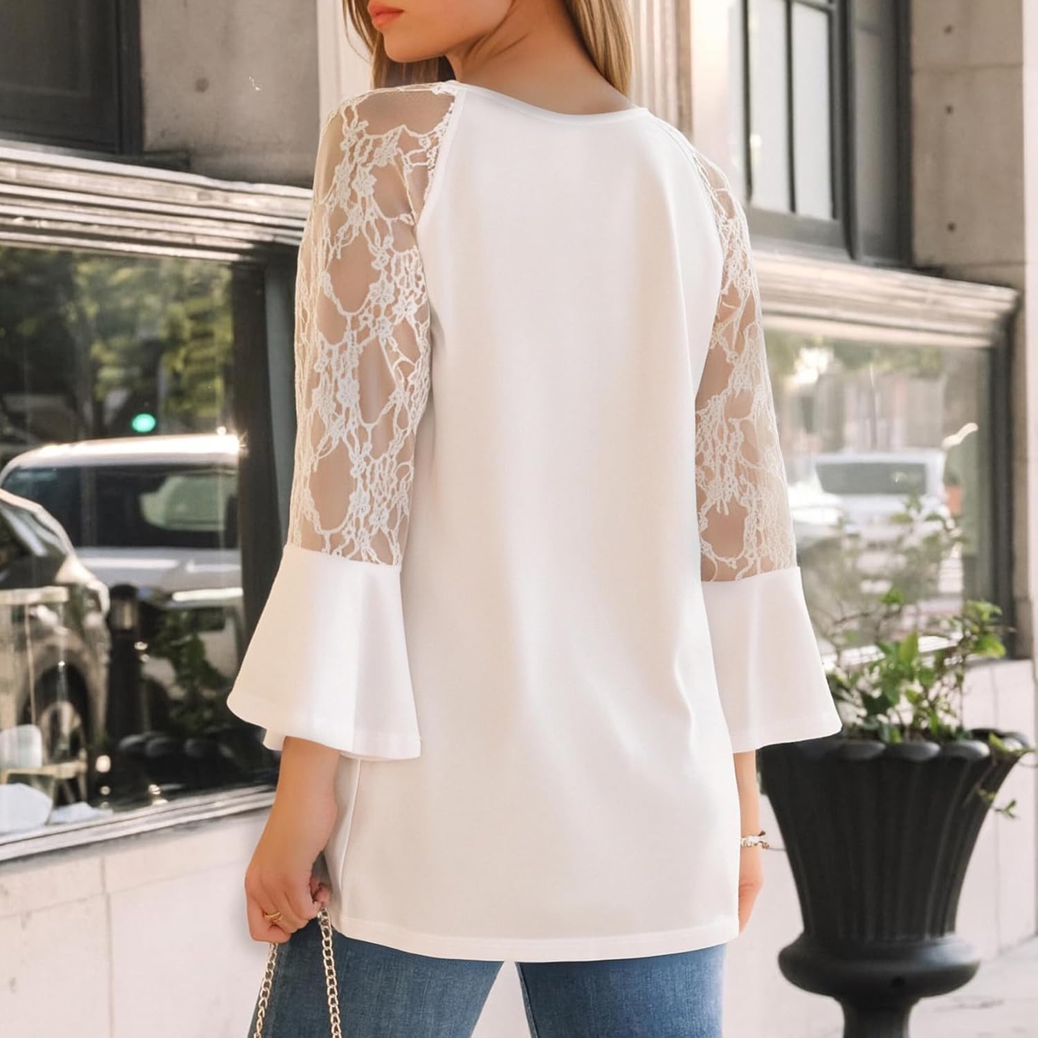 Womens 3/4 Lace Sleeve Tops Ruffle Sleeve Blouses Casual Shirts Business Work Tunic Tops Spring Fall - Image 4
