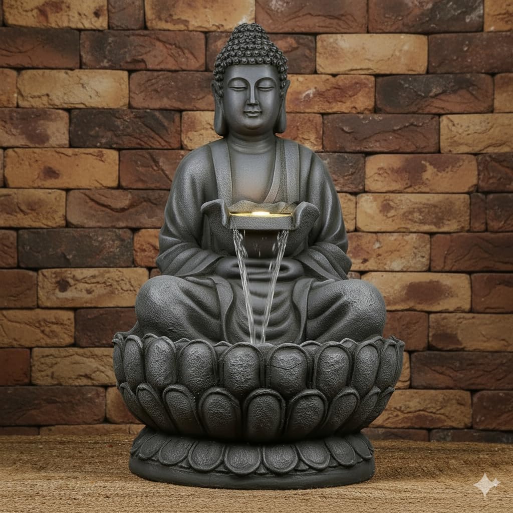 ‎SwarnNest Interiors Resin Buddha Statue Decorative Water Fountains for Outdoor Living Room, Office, Garden 4 Feet Large Buddha Fountain, Sitting Pose, Large Big Size (Dark Grey)