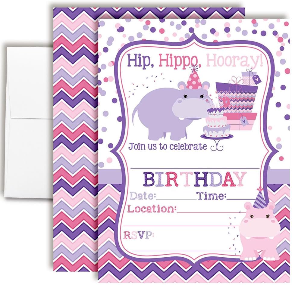 Hip Hippo Hooray Hippopotamus Themed Birthday Party Invitations for Girls, 20 5x7 Fill In Cards with Twenty White Envelopes by AmandaCreation