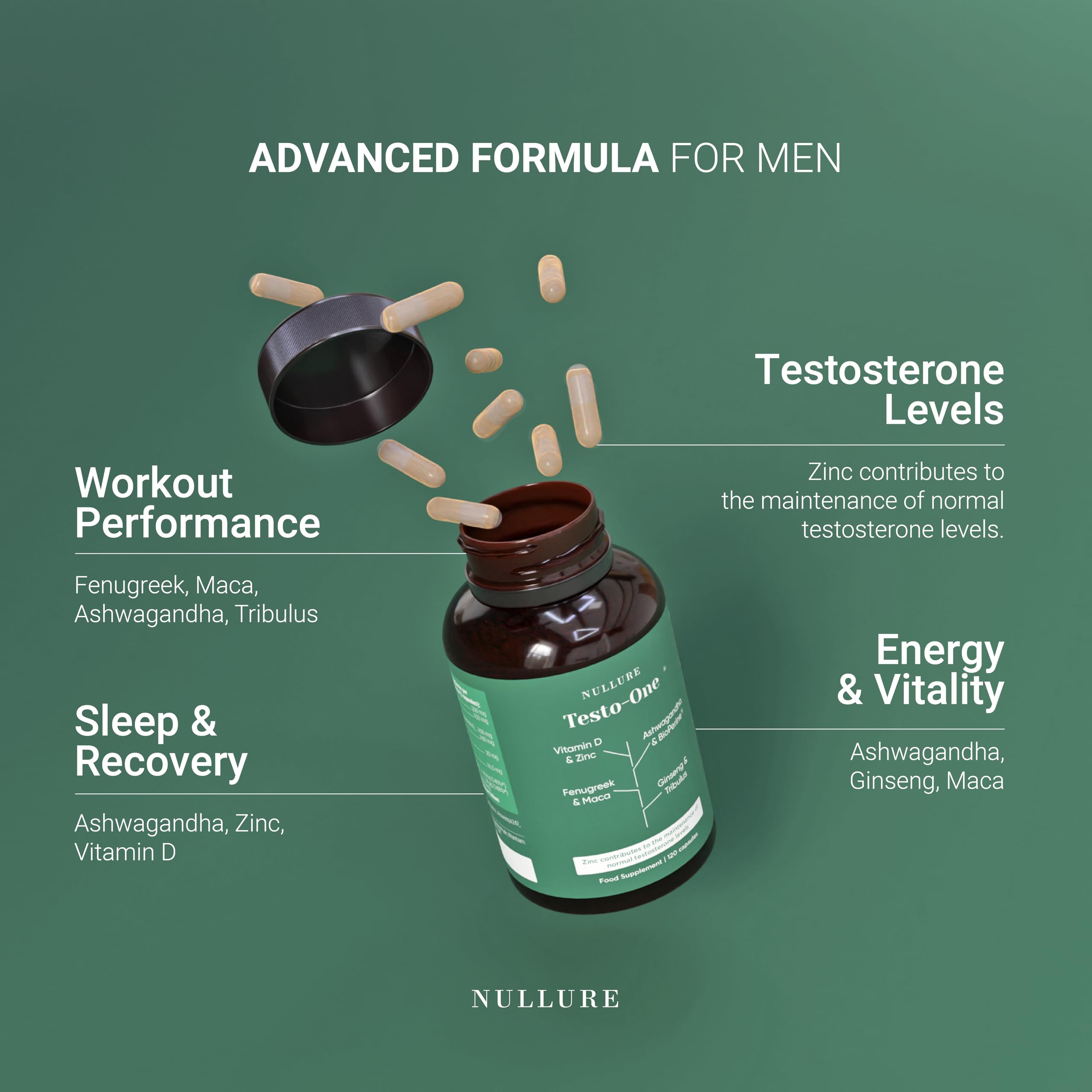 Nullure Testosteron dla mężczyzn Naturalny | wegańskie | Testowane w niemieckim laboratorium | Wydajność · Kulturystyka · Energia I Tribulus Terrestris + Maca + Ashwagandha + Cynk |120 ​​​​kaps